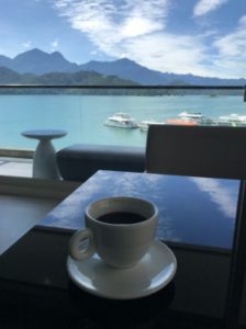 台湾SPAホテルからの日月潭の眺めとコーヒーの写真。